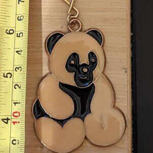 Cute Vintage Gold Tone Large Tan & Brown Enameled Bear Keychain